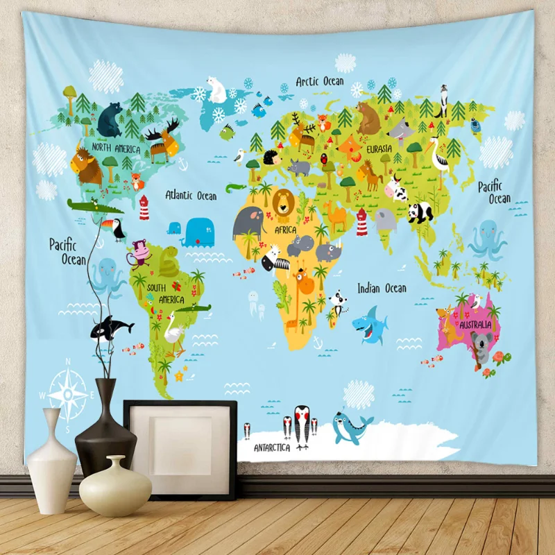 VIKAMA Children's Cartoon Animal World Map Tapestry Polyester Fiber Education Geography Wall Hanging Home Decoration
