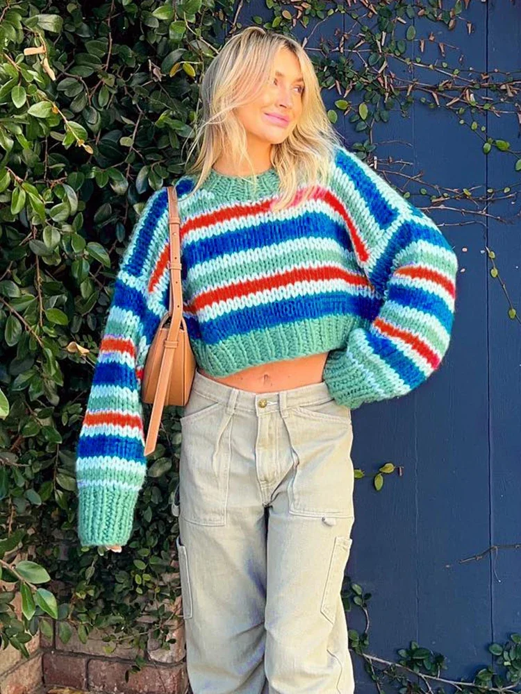 

Classy Colorful Striped Loose Long Sleeve Sweater 2024 Women Fall/Winter Casual Short Knit Clashing Top Boho Beach Coverup A2903