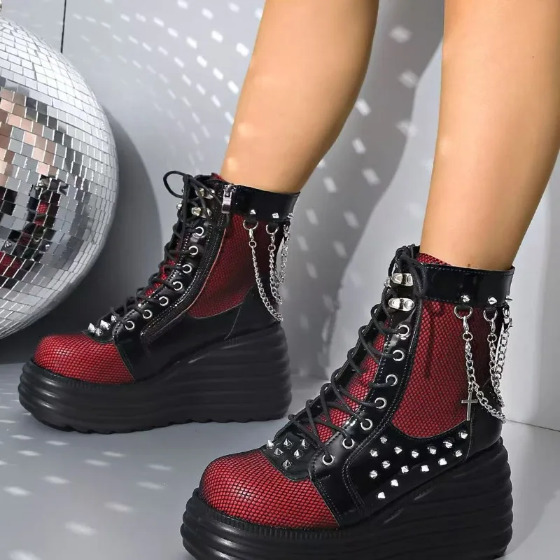 

2025New Women Ankle Boots Retro Gothics Boot High Quality Casual Leather Boot Lace Up Platform Boots for Women Punk Knight Boots