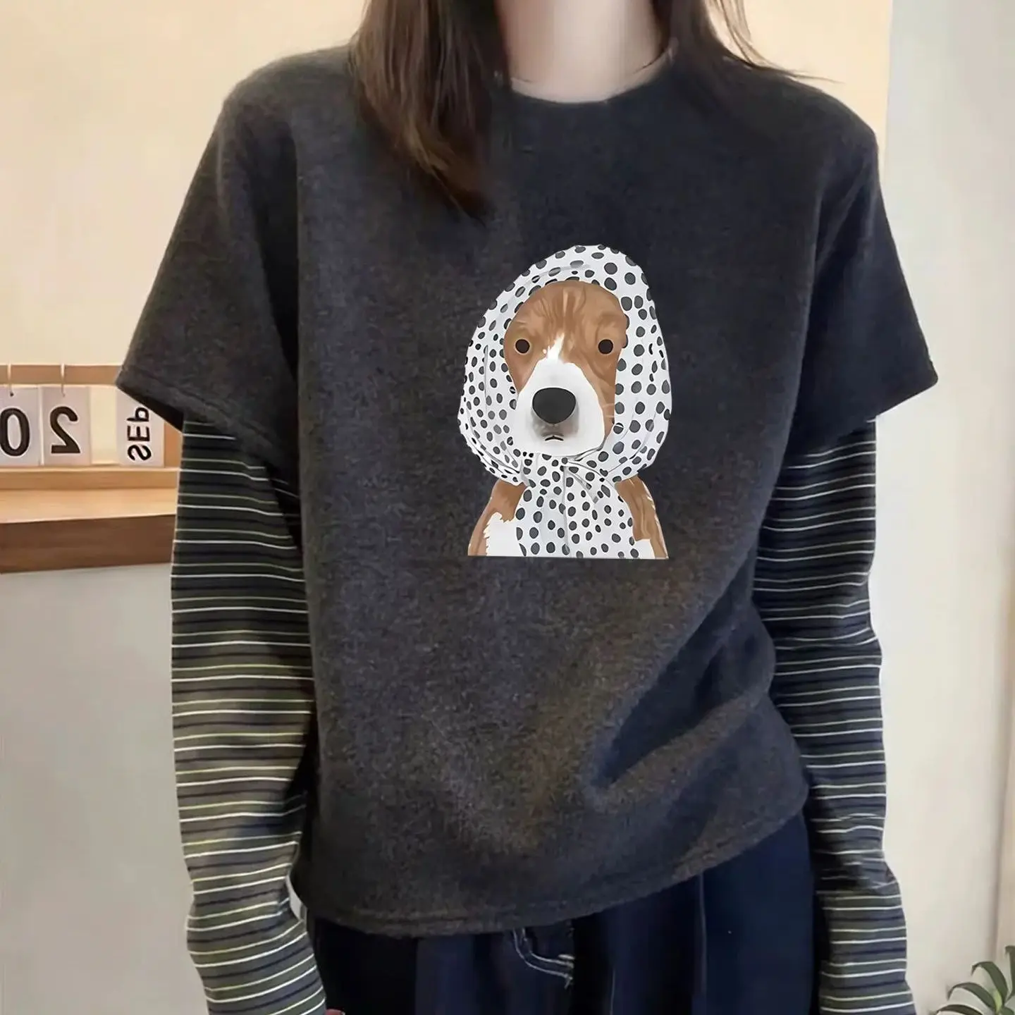 Women Cartoon Animal Print Long Sleeve T Shirt Hip Hop Fake Two Piece Striped Dralon Thermal Base Layer Shirt Trendy Warm Tops