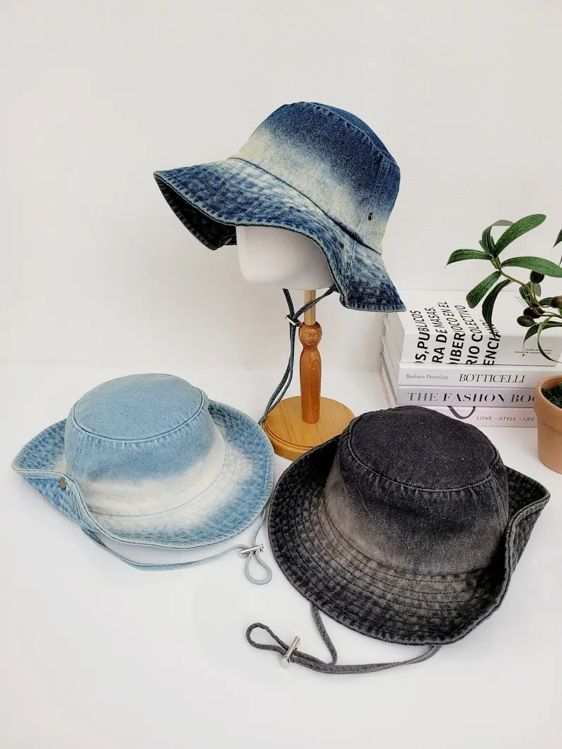 

Vintage 100% Washed Cotton Canvas Denim Bucket Hat, Casual Outdoor Fishing Hiking Safari Bucket Hat, Denim Hat