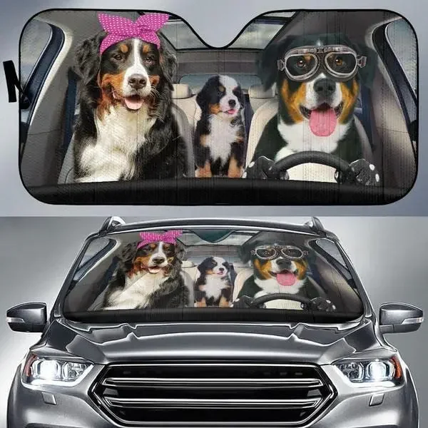 Funny Bernese Mountain Driving Headband and Eyeglasses Dog Family Car Sunshade, Gift for Bernese Mountain Mom, Car Windshield Du