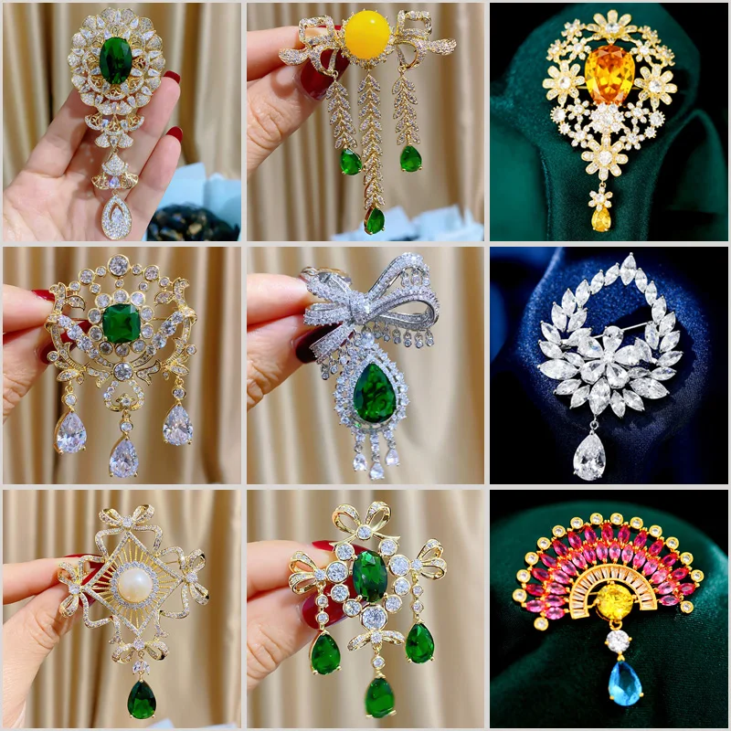 

European Retro Dangle Cubic Zirconia Hollowed Brooches for Women Luxury Design Elegant Green Corundum Corsage Accessories Pins