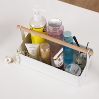 Portable Desk Pen Holder with Storage, Minimalist Iron Box with Wood Handle for Cosmetics, Snacks & Stationery