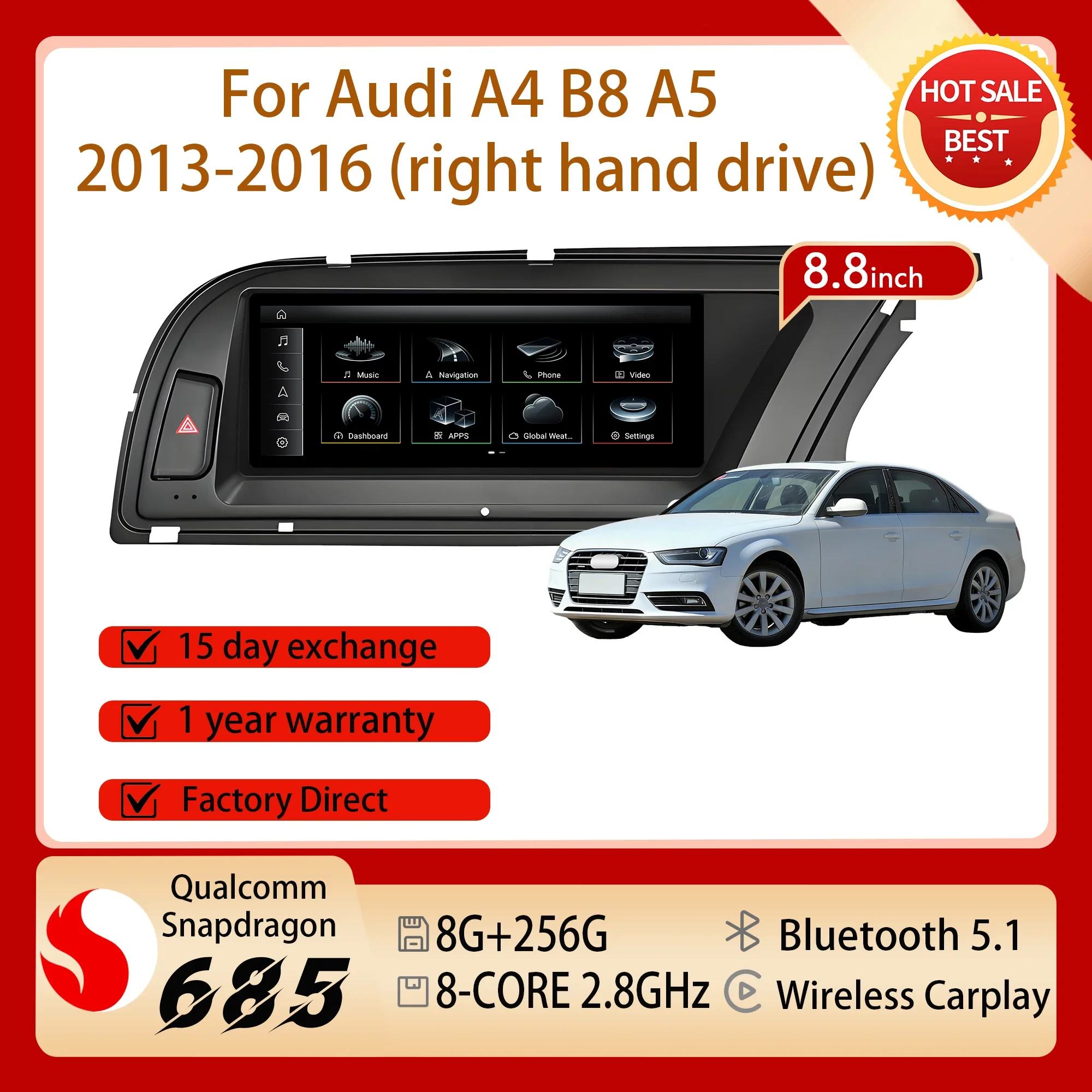 8.8'' Right Hand Drive Snapdragon 680 Android 14 Car Radio Multimedia GPS Carplay BT Split Screen For Audi A4 B8 A5 2013 - 2016