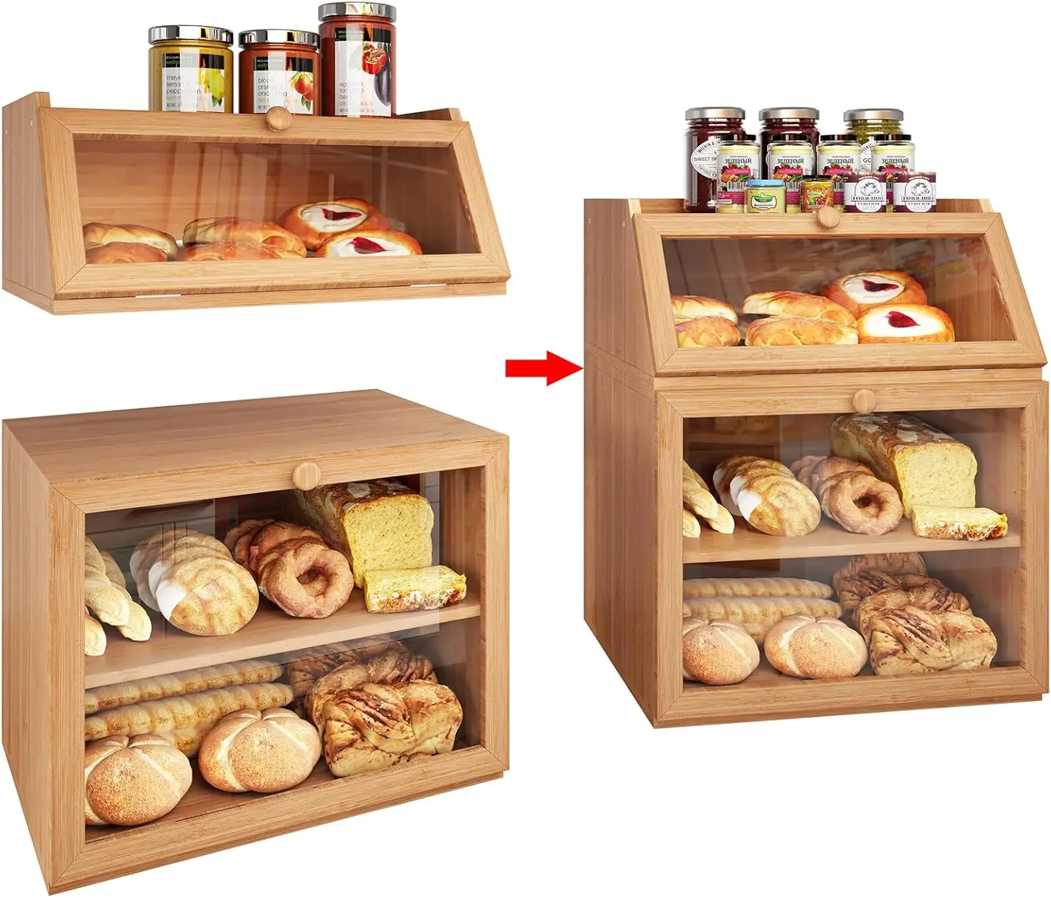 3-Tier Large Double Separable Bamboo Bread Box  with Clear Window and Adjustable Compartment for Kitchen Countertop,Natural