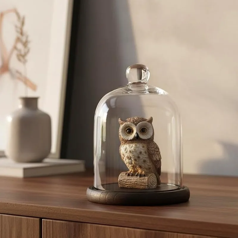 Display Bell Jar with Top Handle Clear Cloche Glass Dome,6.3In(16cm) H,W 13cm with Rustic Brown Solid Wood Base&other base 1pack