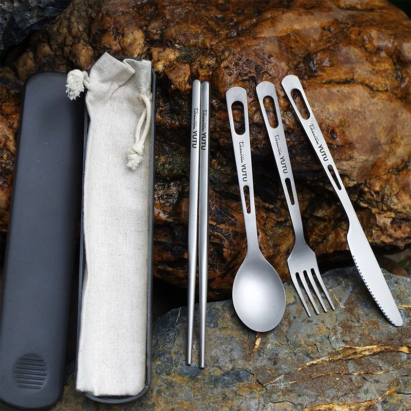 

Pure Titanium Outdoor Household Sanded Knife Fork Spoon Chopsticks Mountaineering Buckle Portable Travel Ins Tableware