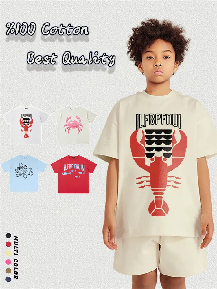 

Футболки с забавным принтом и креветками, детская летняя одежда, новинка 2025, модная футболка с медузами для мальчиков, хлопковые детские топы с короткими рукавами