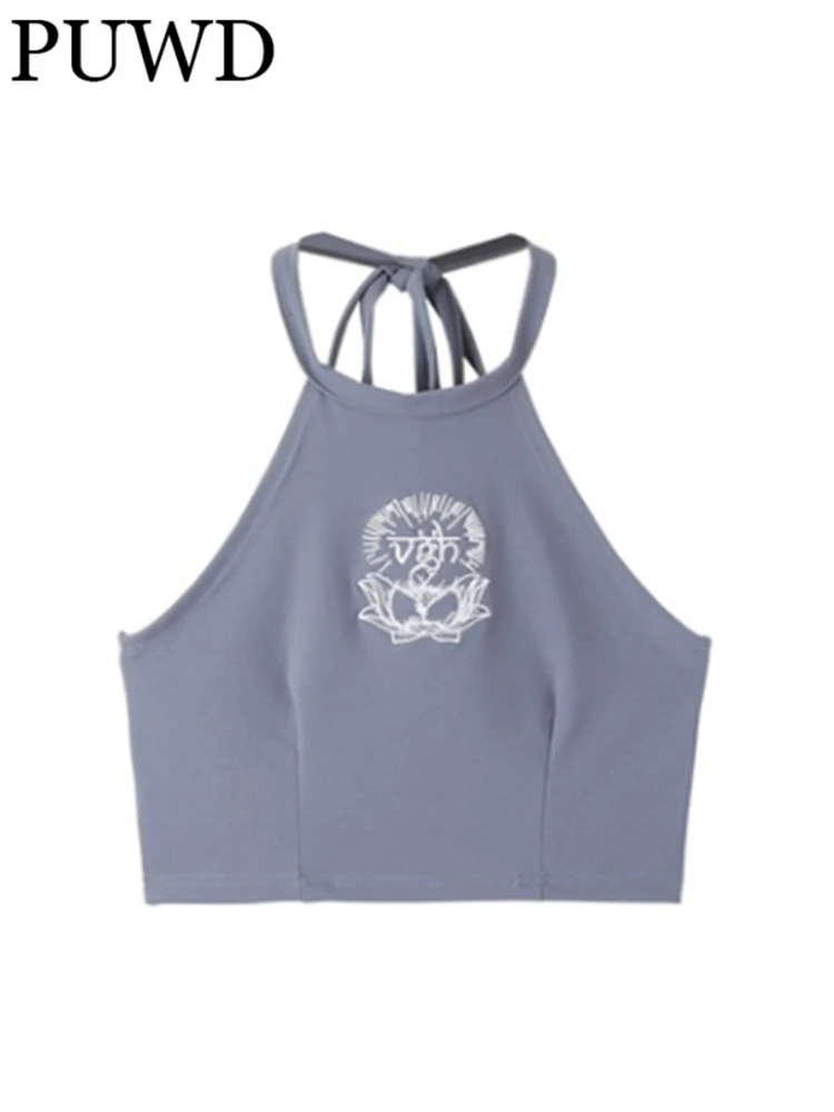 PUWD Casual Women Blue Lace-up Embroidery Backless Halter Camis 2022 Summer Fashion Ladies Casual Female Knitted Sleeveless Top