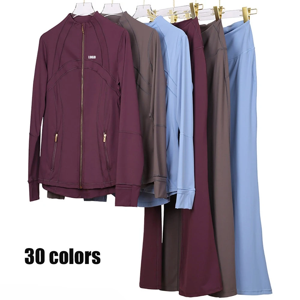 Personalized LOGO Custom Women's Gold Zipper Jacket Flared Pants Long Sleeve Slim Jacket Sports Running Yoga Two-piece Set