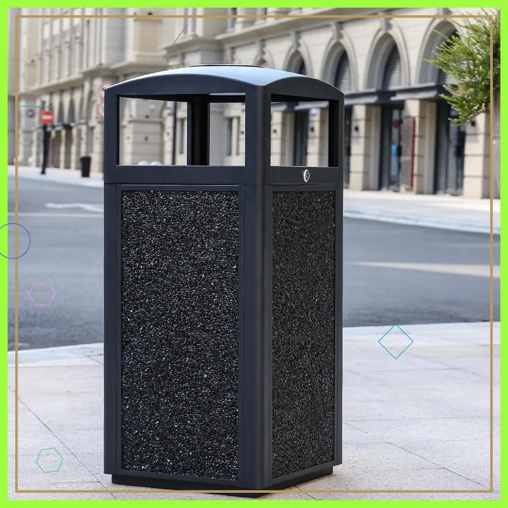 

15 Gallon Outdoor Trash Can with Locking Lid, Galvanized Steel, Stone Panels, Removable Liner for Parks & Public Spaces