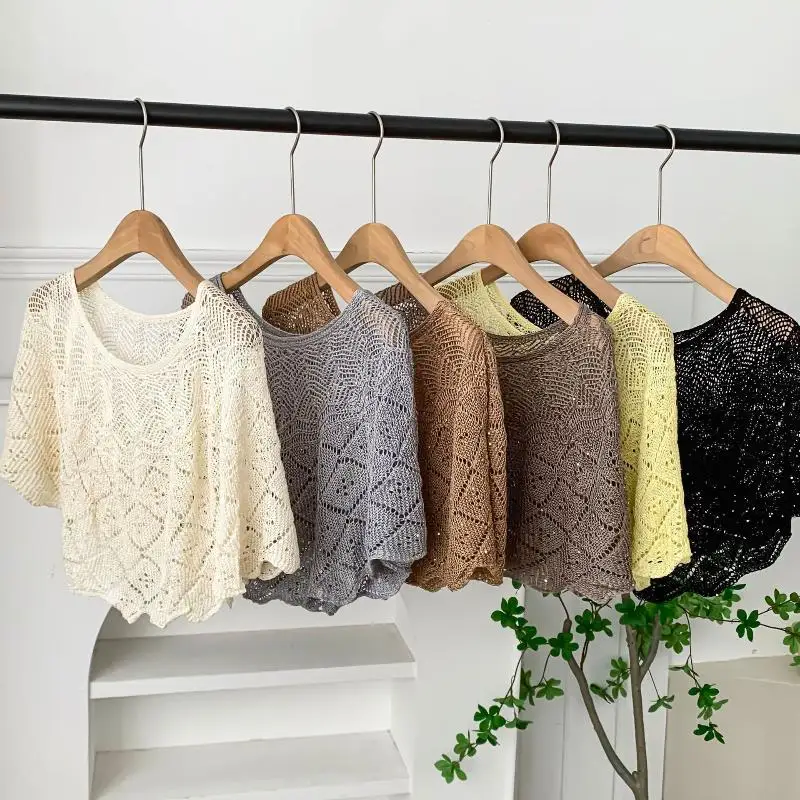 ผ้าคลุมไหลไหมน้ำแข็งถักสำหรับผู้หญิง ผ้าพันไหล่ฤดูร้อน น้ำหนักเบา ดีไซน์ฉลุลาย ประดับเลื่อม แฟชั่นทันสมัย คลุมไหล่และศีรษะ