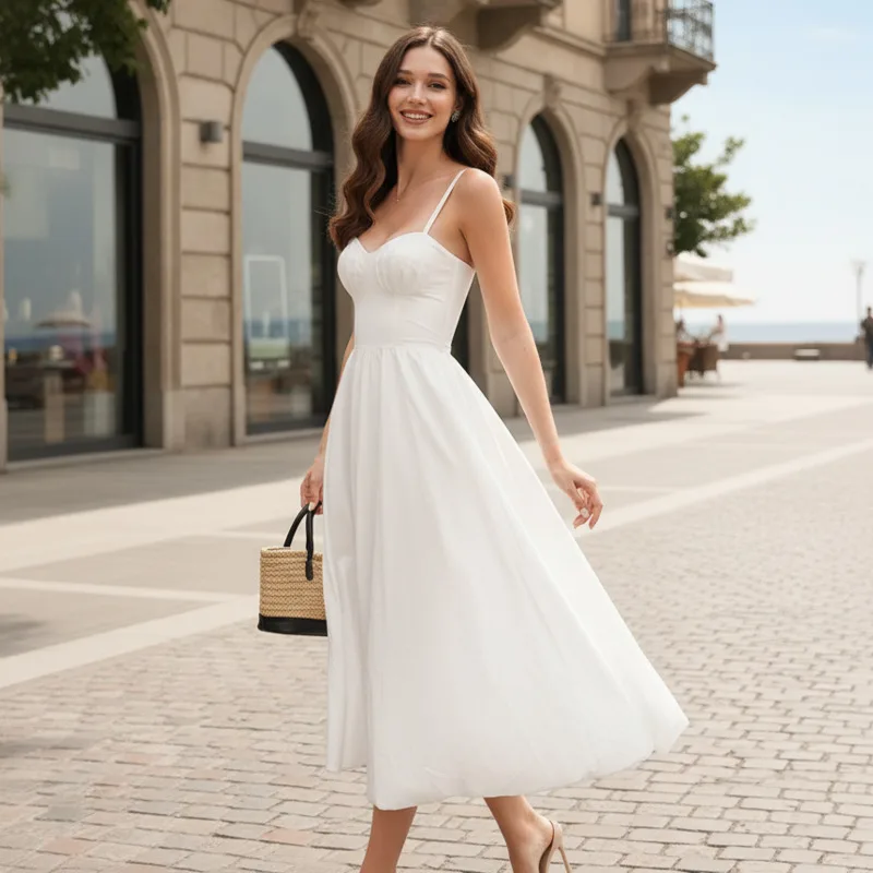 

Summer Women 100% Cotton Spaghetti Strap Balloon Midi Dress Corset Waist Flared A-Line Dress For Vacation Daily Party Beach Wear