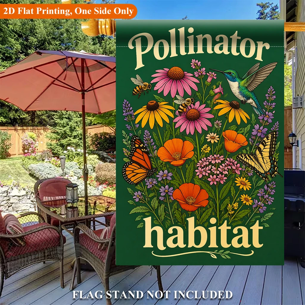 1pcs Vintage Pollinator Habitat Garden Flag Rustic Wildflower Hummingbird Butterfly Bee Yard Flag For Outdoor Patio Lawn Decor