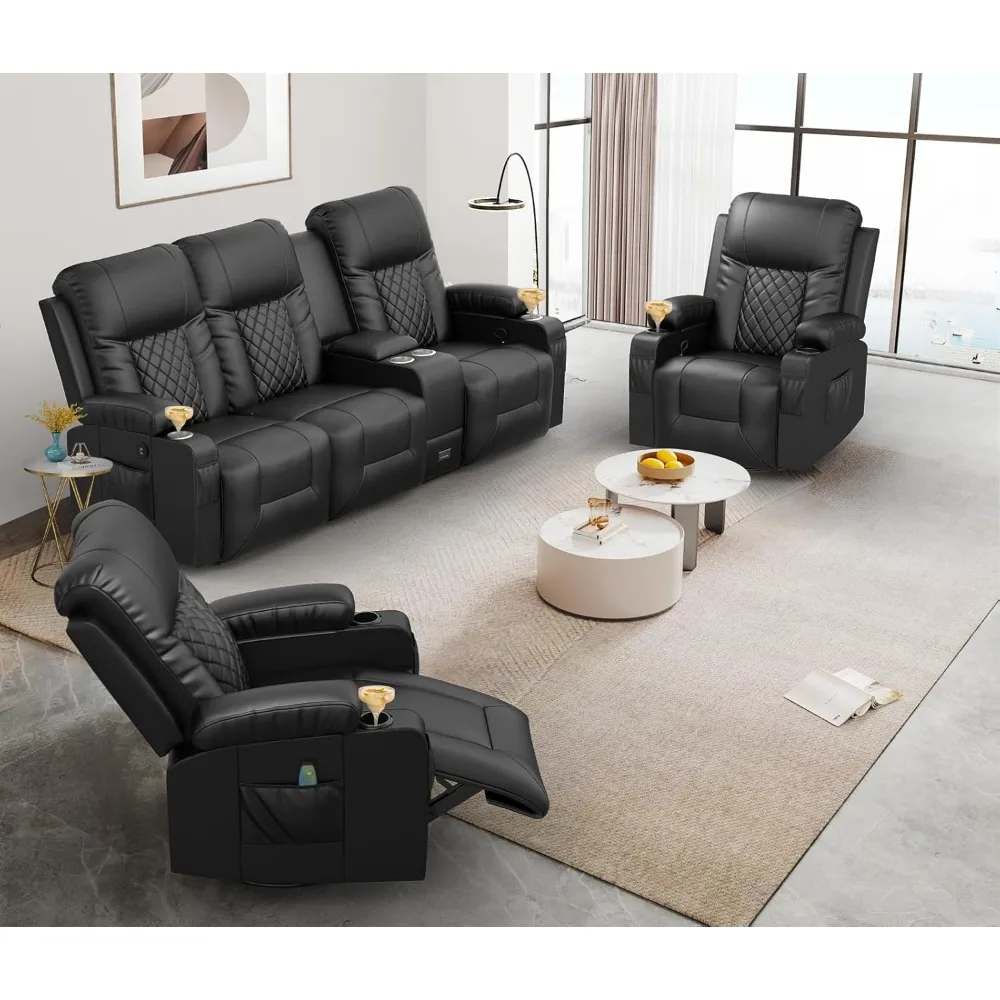 

Living Room Recliner Sofa Set, 3 Seat Reclining Sofa and 2PC 360° Swivel Recliner Chair with Heat and Massage for Living Room