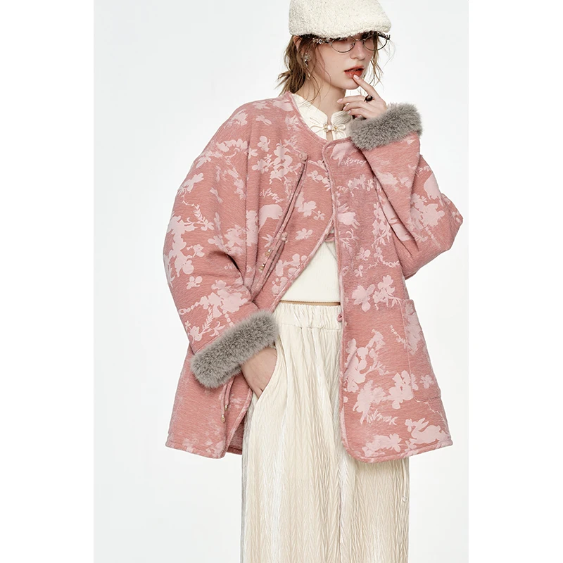 ELFSACK New Oriental Elegant Design Ethnic Print Plush Trim Round Neck Coat For Women