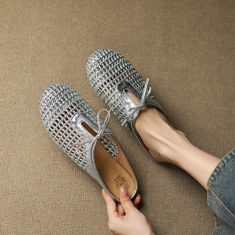 

Women's new summer leather cowhide lace up bow, low heel, round head, hollowed out breathable toe, Mueller slippers