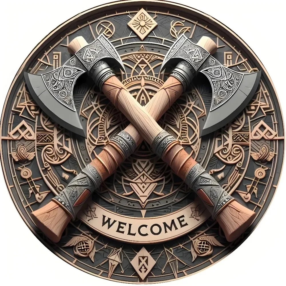 Norse Viking Axe WELCOME Sign HD Print Metal Tin Sign – Featuring Crossed Double Axes with Intricate Rune Carvings & Celtic Knot