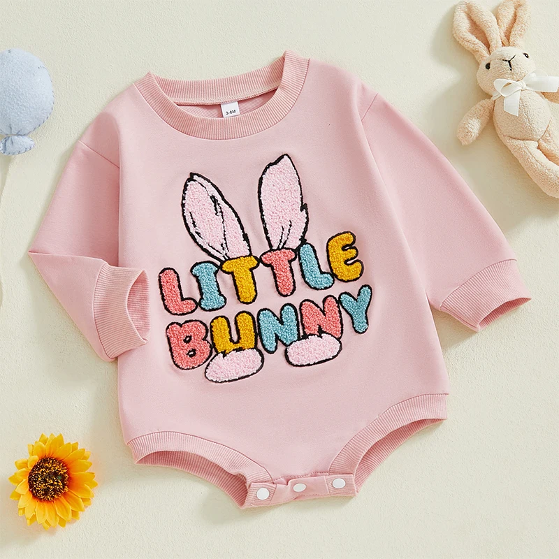 Baby Girl Easter Sweatshirt Romper Bunny Letter Embroidered Long Sleeve Round Neck Adorable Spring Jumpsuits