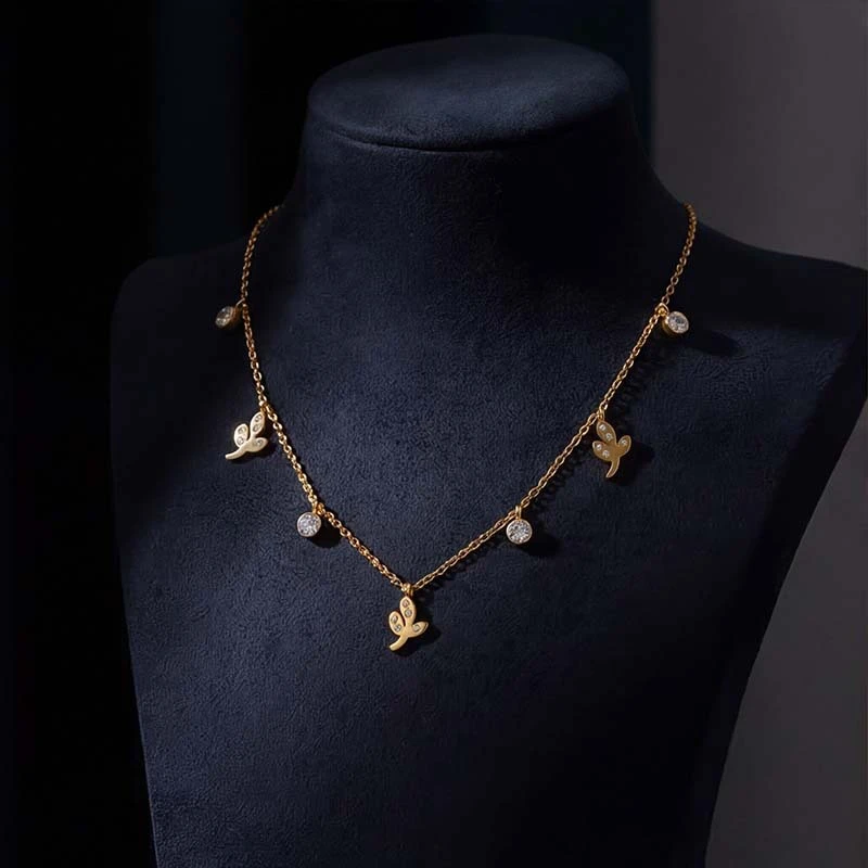 Collares de Cadena con Dijes para Mujer de Acero Inoxidable 316L, Nueva Joyería de Moda 2026, con Circones Incrustados y Diseño de Capullos y Ramas Delicados