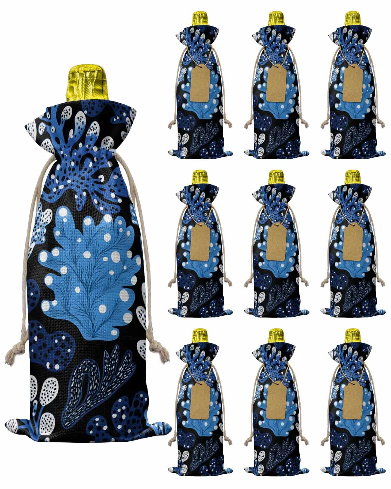 

10pcs Wine Bottle Covers Blue Coral Texture Wine Holder Carrier Packaging Bag Wedding Party Decor Gift