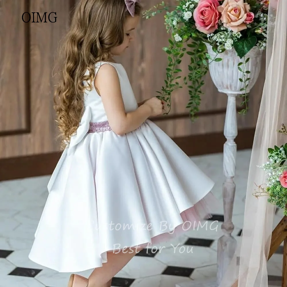 OIMG Lovely A Line Flower Girl Dresses O Neck Shiny Belt With Bow Gown Wedding Party Dress Princess Birthday Dress Customized