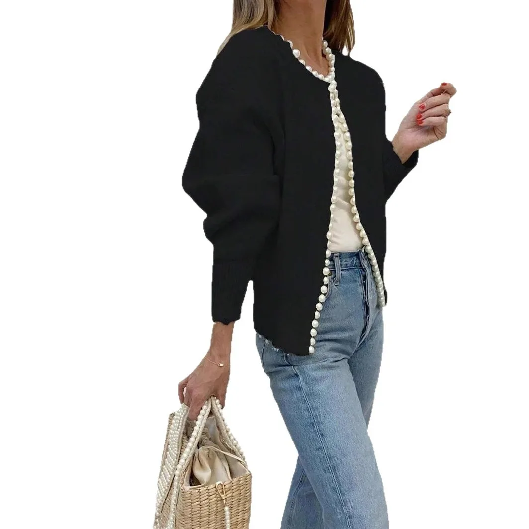 

2025 New Women's Pearl Edged V-Neck Cardigan Open Front Black & White Sweater Autumn Oversized Casual Knitwear Daily Office Wear