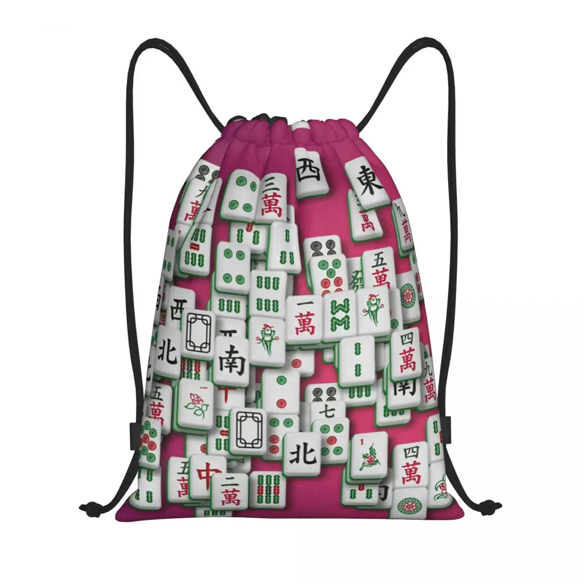 Mahjong Tile Pattern Backpacks Portable Drawstring Bundle Pocket Sports Bag Book Bags for Travel School