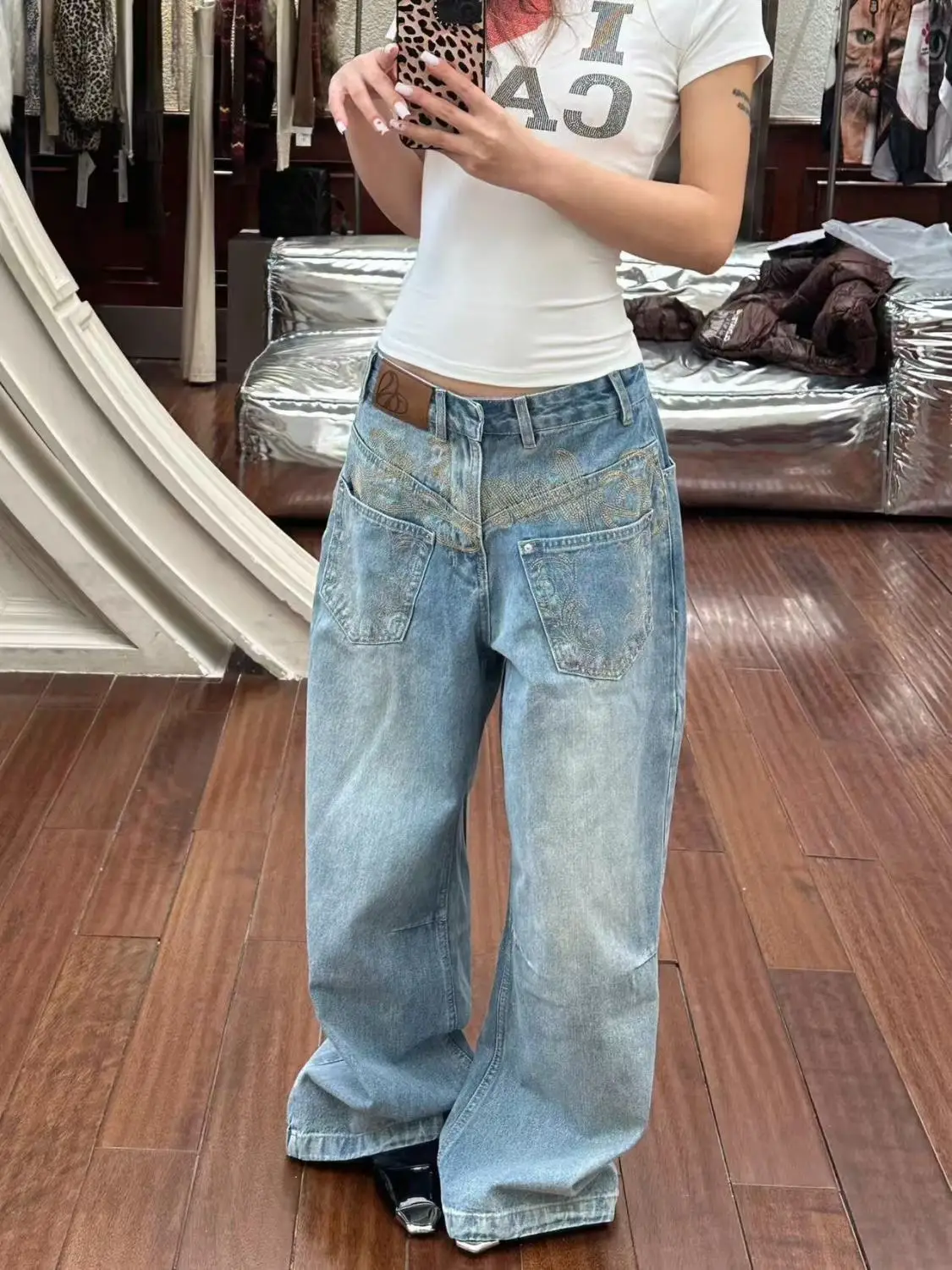 Jean Vintage bleu taille haute pour femmes, pantalon droit américain rétro brodé Baggy en Denim, Streetwear Y2K, jambes larges
