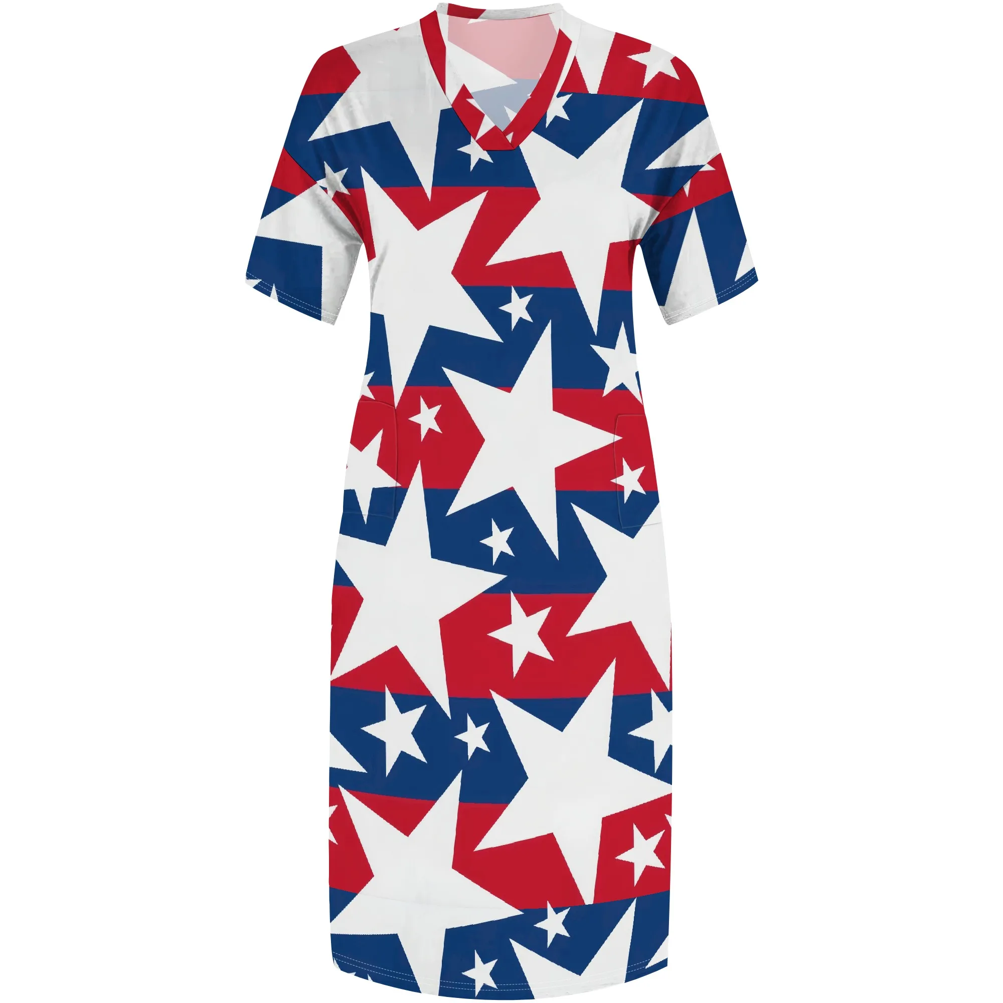 Plus Size Star Print V-Neck Maxi Dress 2025 New Arrival, Independence Day & Summer Wear, XL-6XL