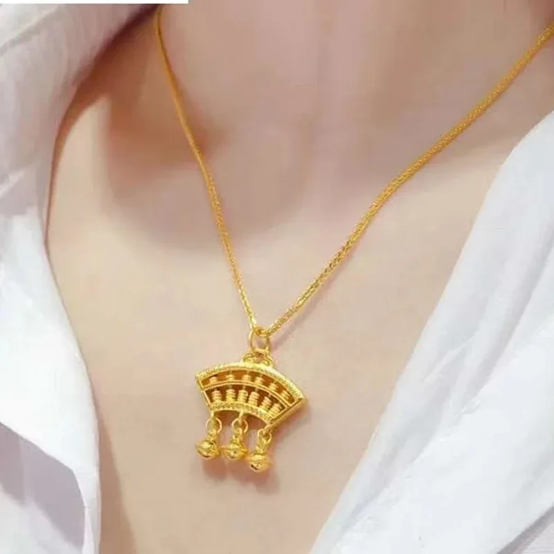 Women's 9999 24K Real Gold Boutique Bell Abacus Necklace Women Bell Pendant Pendants Auspicious Cloud Gift for Girlfriend