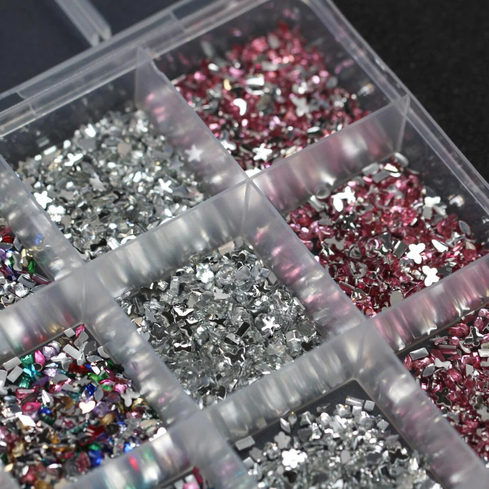 6000pcs Mini Color Multi Shapes Crystal Flatback Nail Gems 24grid Irregular Nail Rhinestones 3D Star Heart Flower Nail Charms