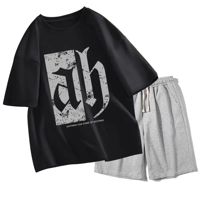 

Men's 2026 Summer New American Fashion Brand Short Sleeved T-shirt Casual Sports Suit Plus Size Shorts New Set of Clothes