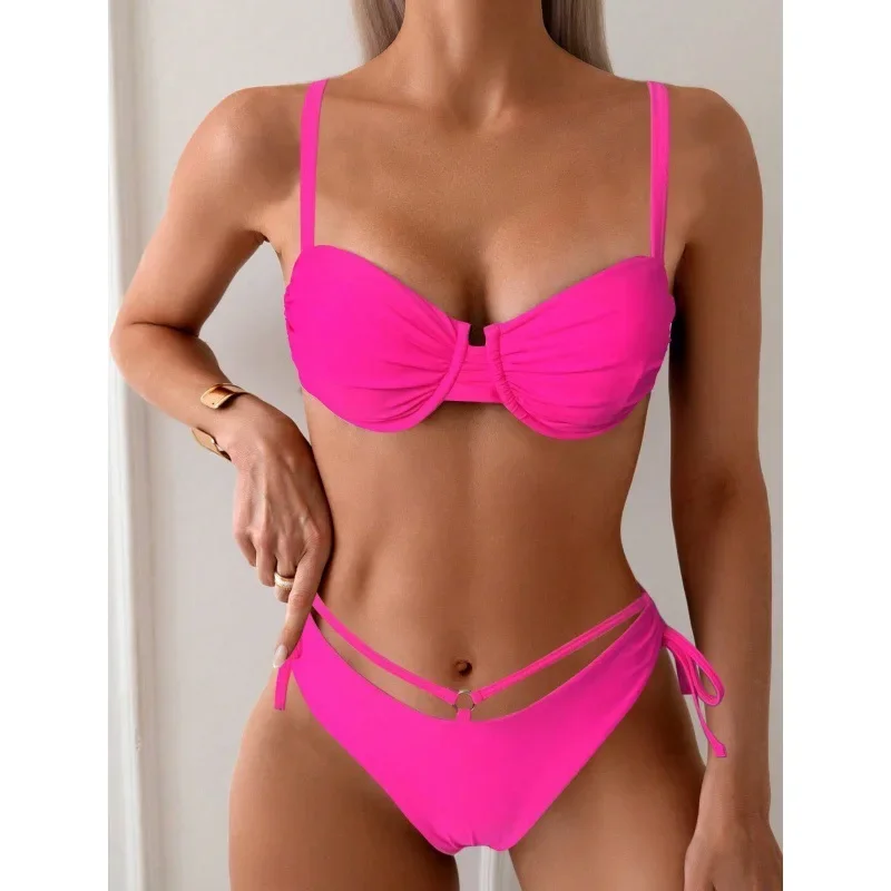 

New Rose Red Thong Bikini Sets Swimsuit Women Two-Pieces Suits Swimwear Solid Color Push Up Bathing Suit Beach Vacation Swimsuit