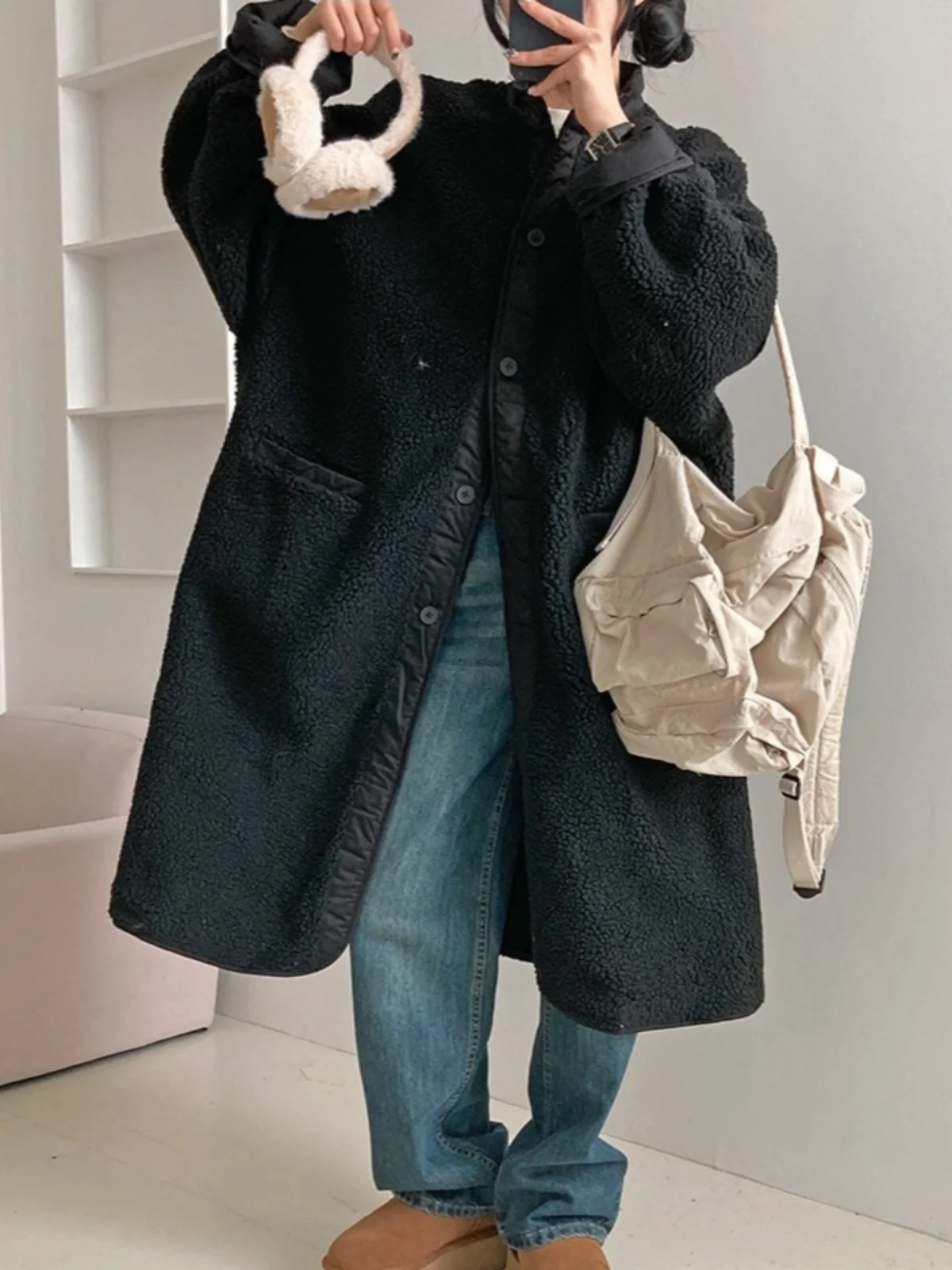 Women's Thickened Lamb Fur Coat Buttoned Long Korean Style Cotton Jacket Double Sided Wearable Warm And Stylish Outerwear