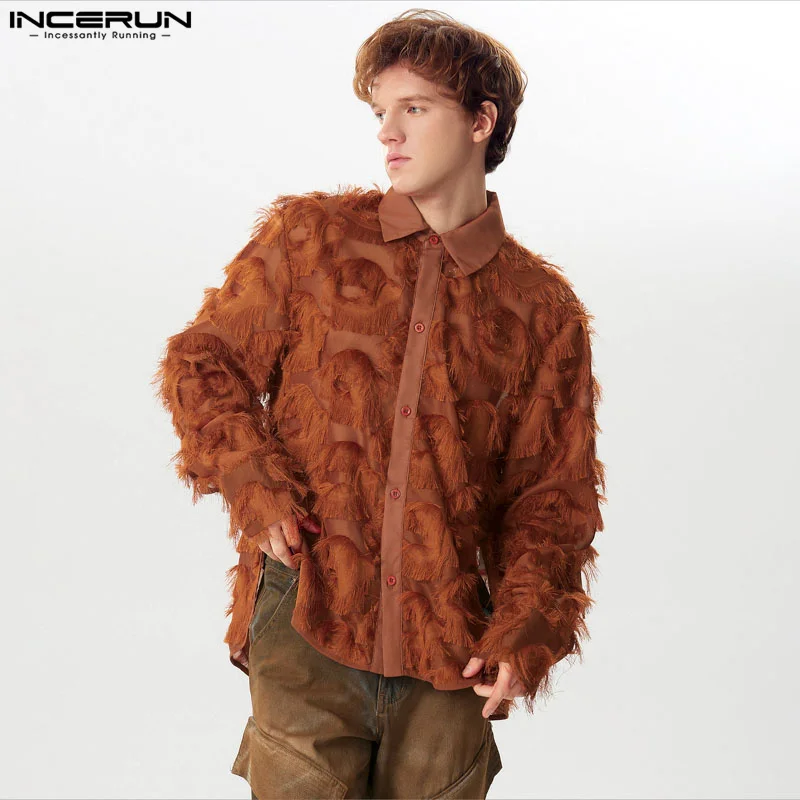 INCERUN Men Shirt Tassel Jacquard Lapel Long Sleeve Button Casual Men Clothing Streetwear 2024 See Through Fashion Camisas S-5XL