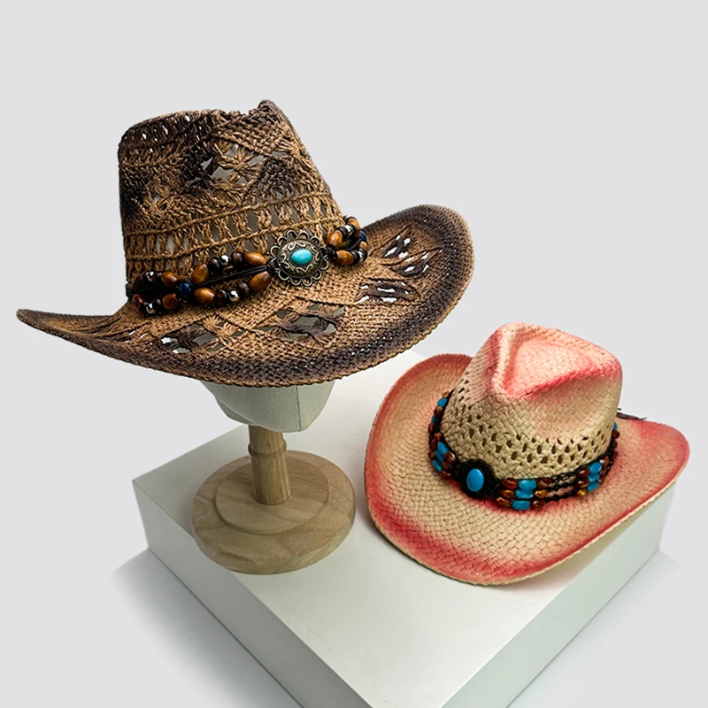 

New Unisex Exotic Style Retro Bandhnu Travel Cowboy Hats Outdoor Beading Beach Sunshade Niche Straw Caps Versatile Hollow Out