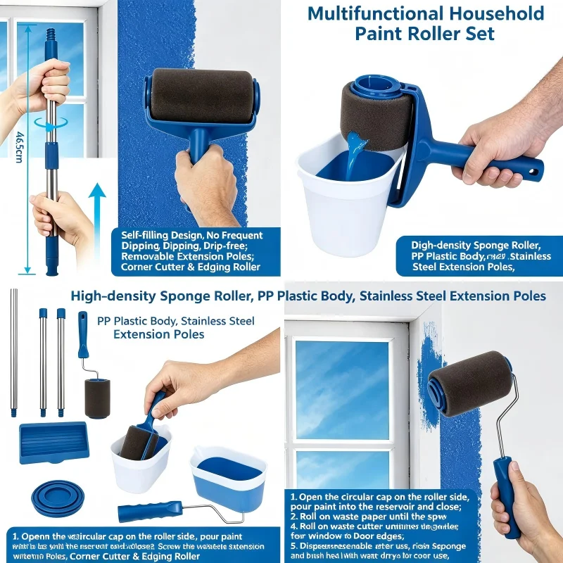 Professional DIY Home Painting Tool Kit Wall Decor Brush & Roller Combo Multi‑Function Corner Detail Brushes with Ergonomic Hand