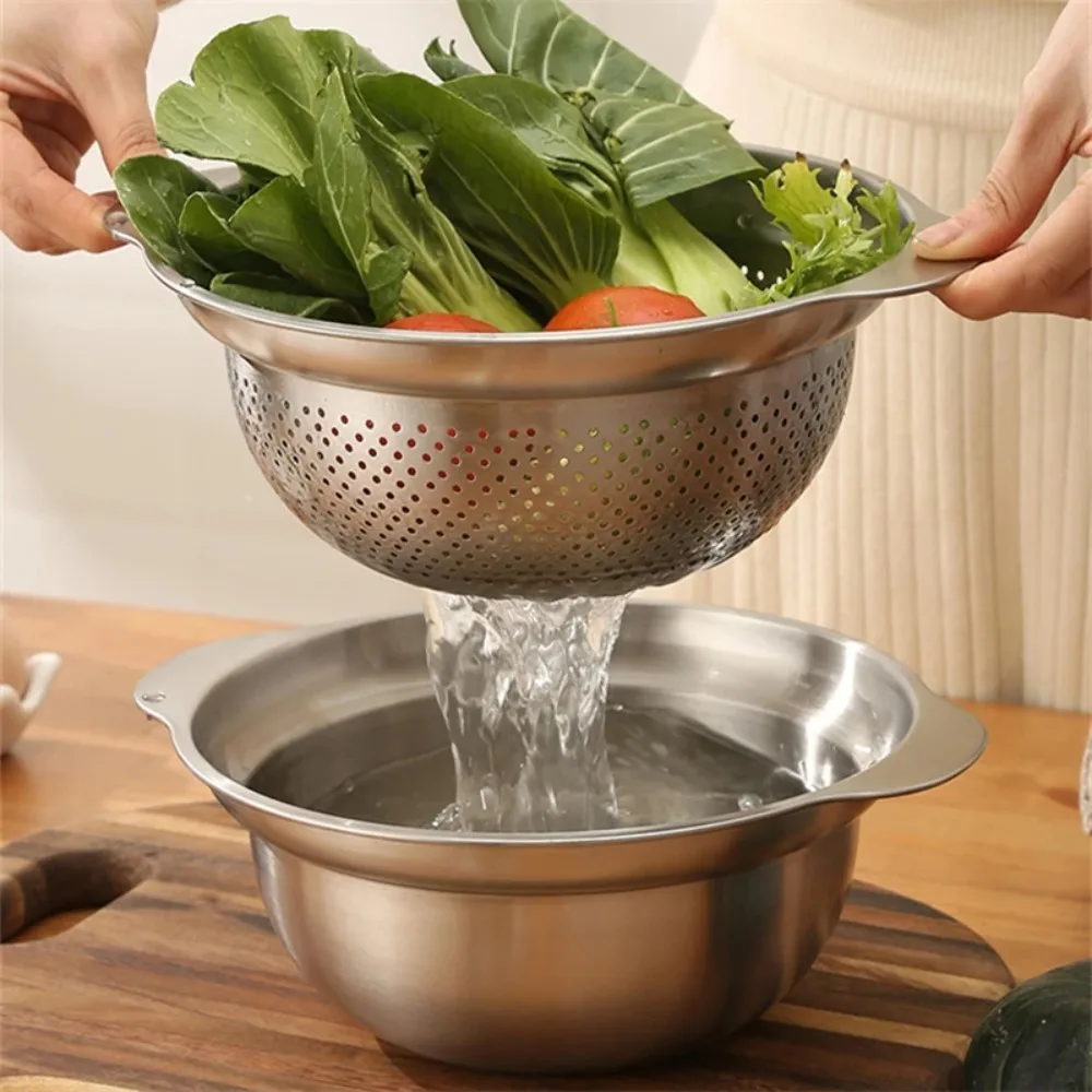 2Pcs/Set Extended Handle Stainless Steel Drain Basket with Scale Rust-proof Rice Washing Basin Anti-corrosion Unbreakable