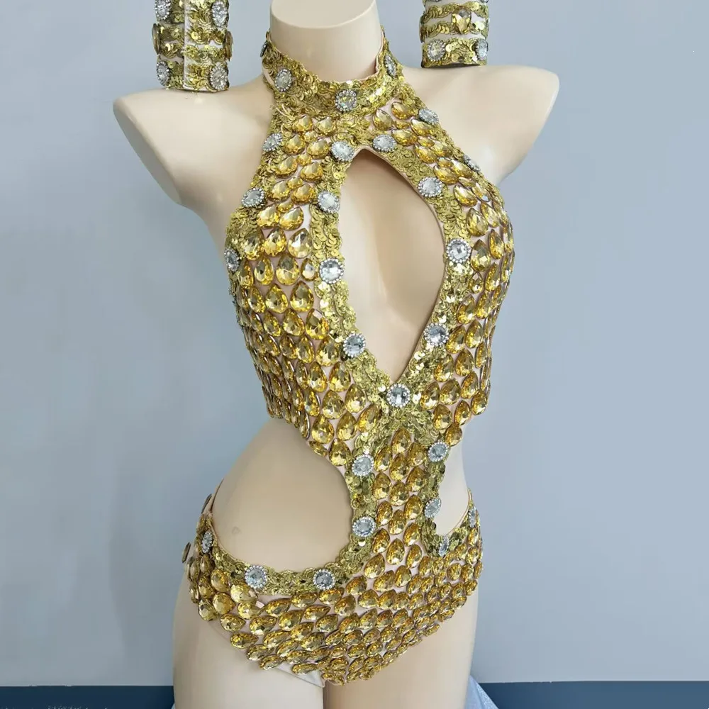 Bar Nightclub Women Sexy Dance Costume Party Gold Rhinestones Sequins Cut Out Bodysuit DJ Dancer Singer Performance Stage Wear