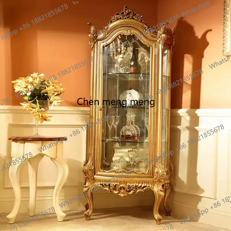 French style, all solid wood hand-carved wine cabinet, champagne-colored old glass decoration, collection cabinet