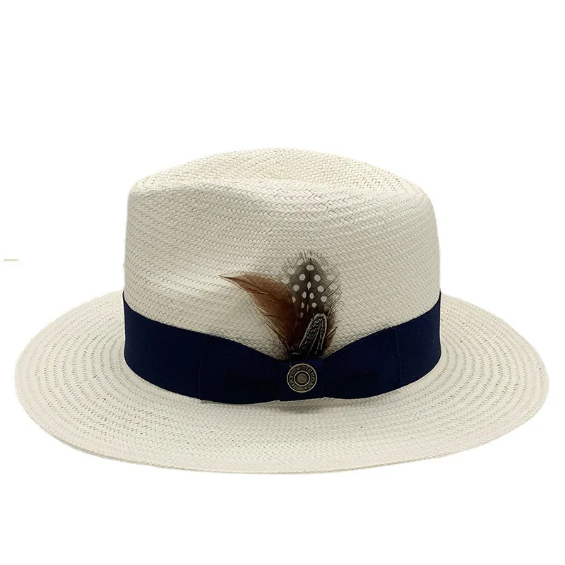 High-end Panama Straw Hat Hot Sale Striped Bow Flat Side Jazz Straw Hat Fine Hand Knitting