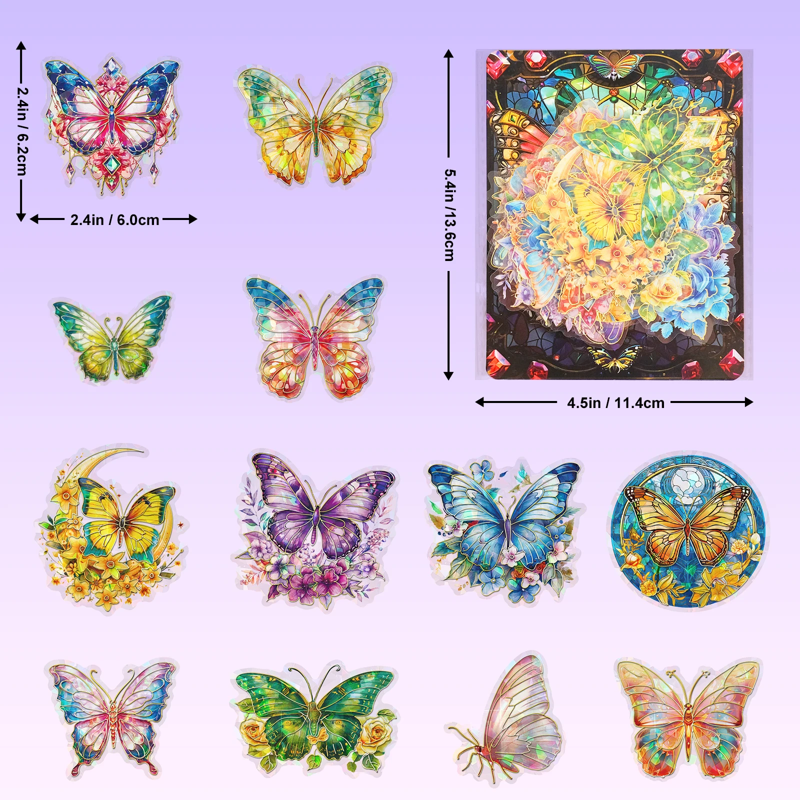 30 PCS Vintage Stamping Butterfly Stickers Glitter Butterfly Waterproof Transparent Decorative Decals PVC Holographic Stickers