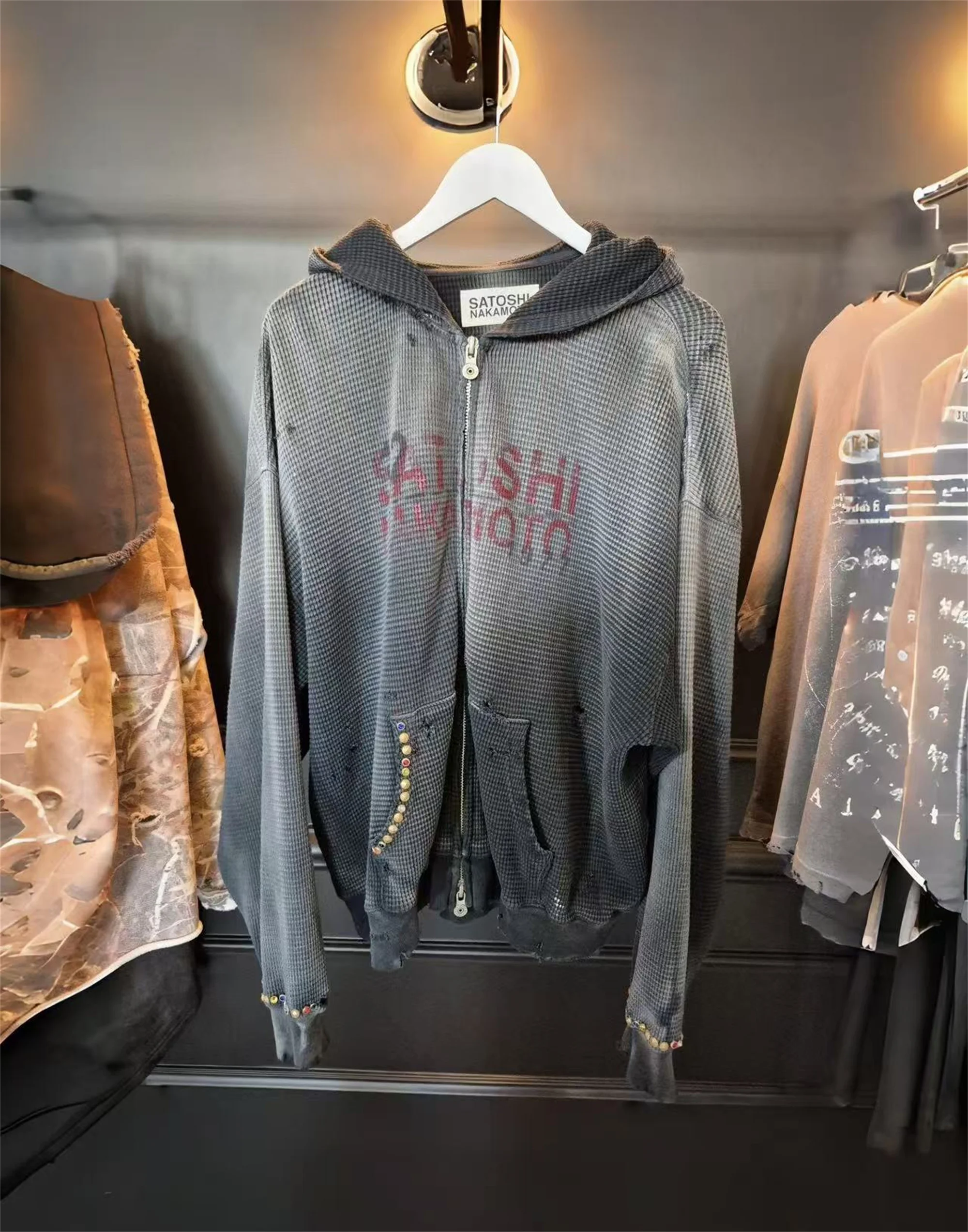 New Arrival 2027 VTG SATOSHI 27SS letter print destroyed rivets washed retro Hoodies Sweatshirt Sweater Pullover Hooded For Men