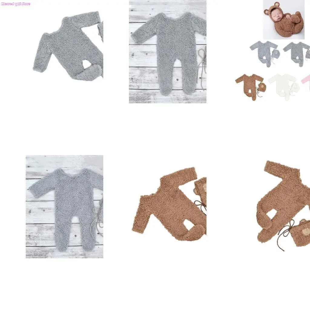 

D0JC реквизит для фотосессии новорожденных, берберский флисовый костюм, шапка с медвежьими ушками, детский комбинезон, одежда 2