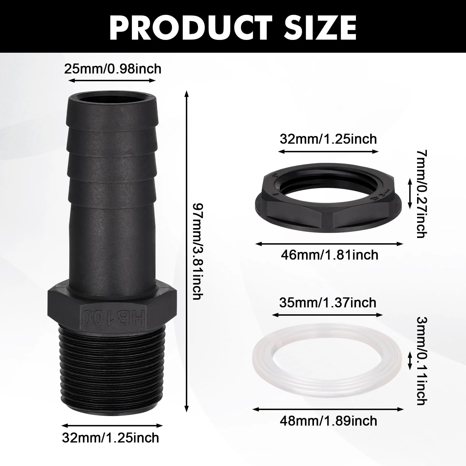 1PC Rain Barrel Overflow Connector 25mm Barbed Pipe Fitting | Fits 1 Inch BSP Thread | Includes Leak-Proof Nut and Washer Set
