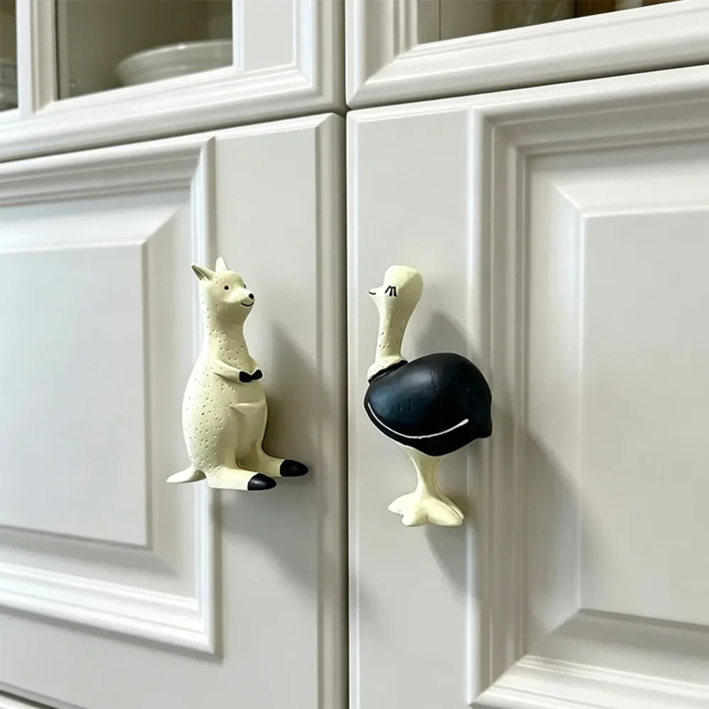 Cute 3D Animal Cabinet Knobs, Kangaroo Ostrich Shape Resin Drawer Pull Handles, Single Hole Cartoon Cupboard Door Knobs Home