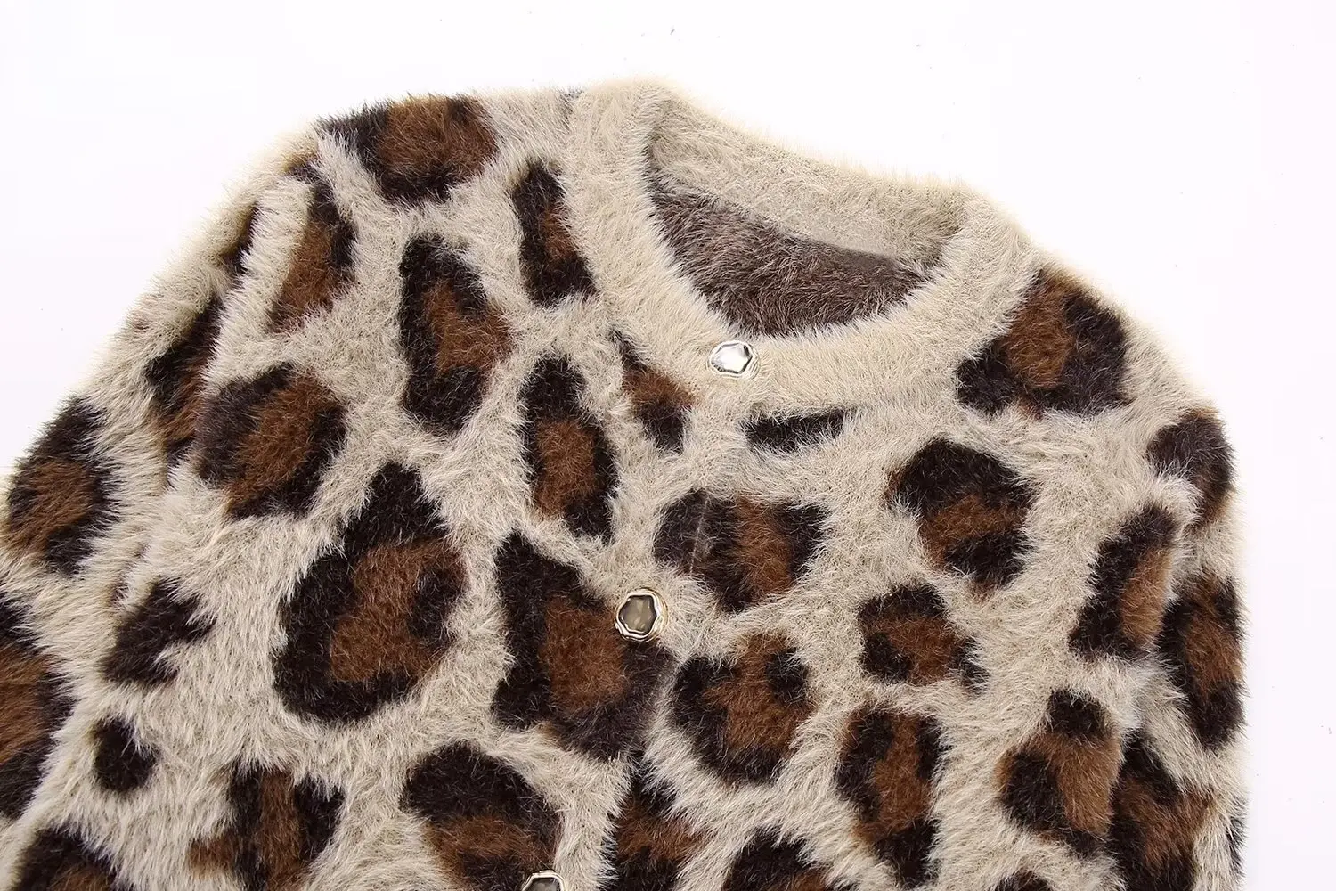 Imagem -03 - Traf-cardigans de Pele Sintética Leopardo para Mulheres Camisolas Jacquard Cortadas Manga Comprida Botão Dourado Malhas Novo