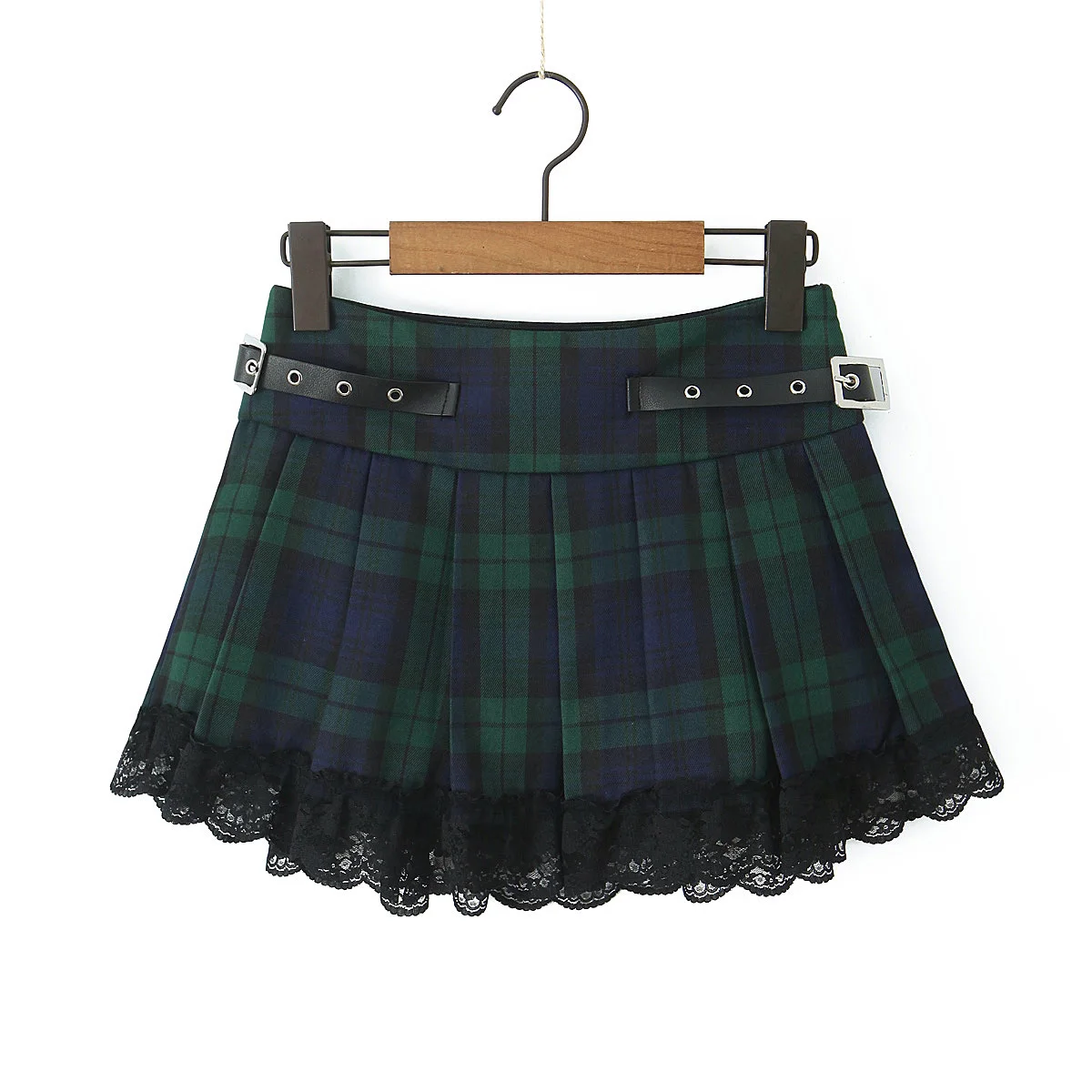 

Mini skirt y2k clothes green plaid korean fashion skirts for women elegant pleated skirt black lace high waisted skirt with belt